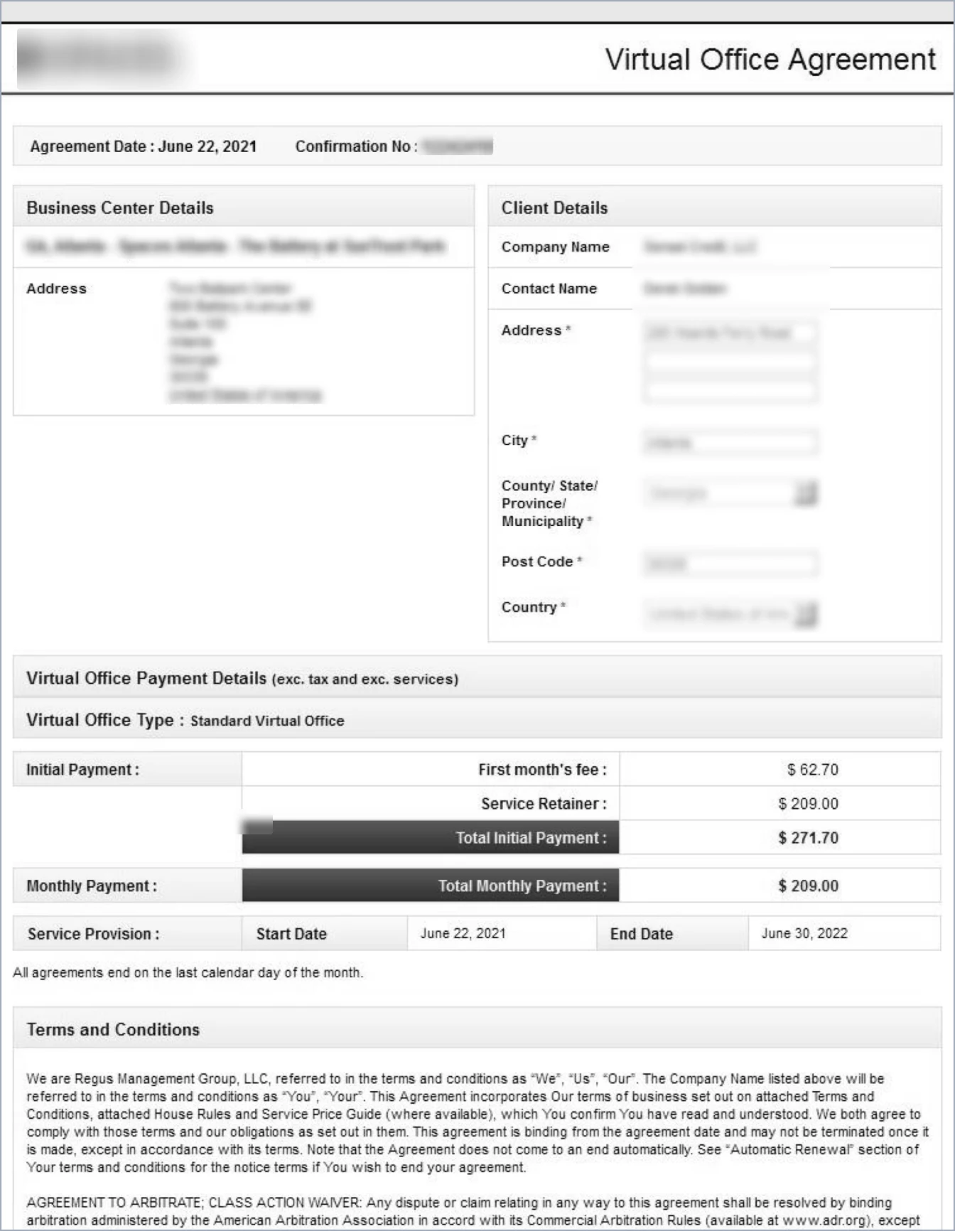 Sample: Virtual Office Agreement