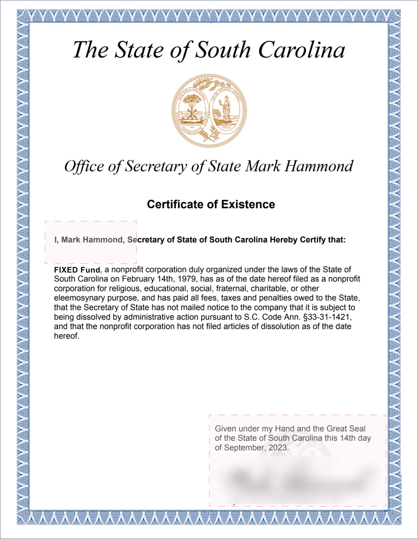 Sample: Certificate of Existence