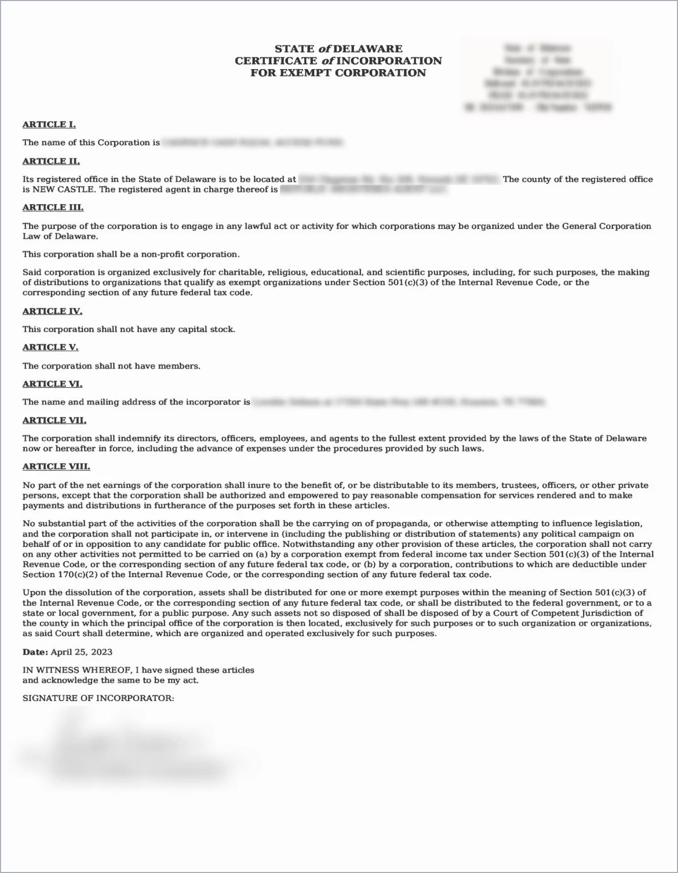 Sample: Certificate of Incorporation