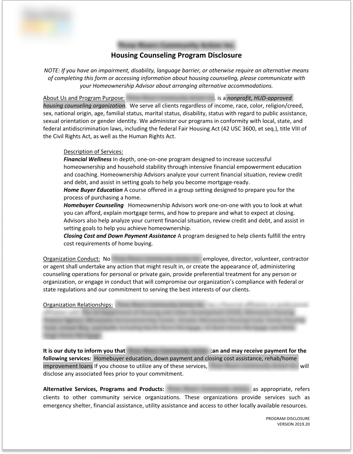 Sample: Housing Counseling Program Disclosure