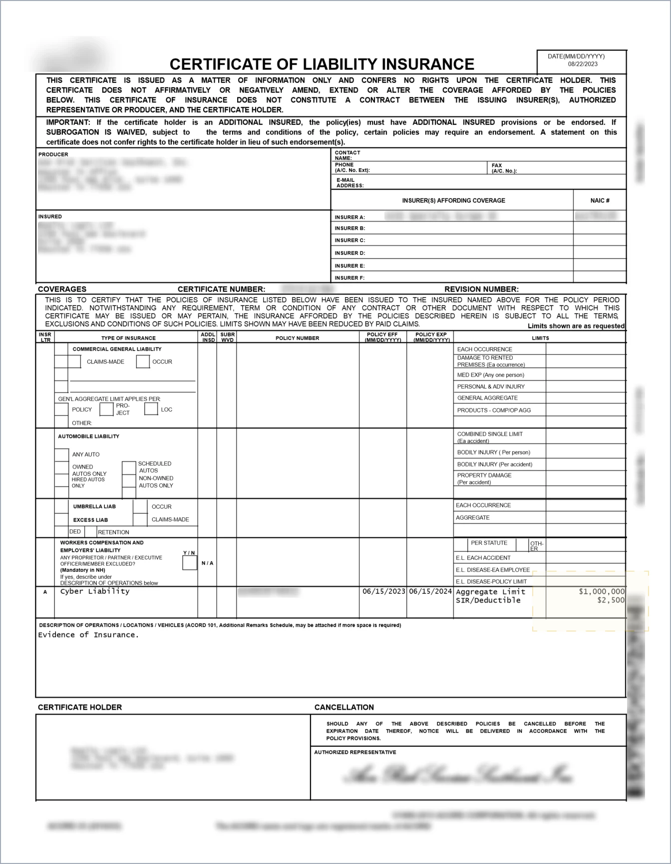 Sample: Certificate of Liability Insurance
