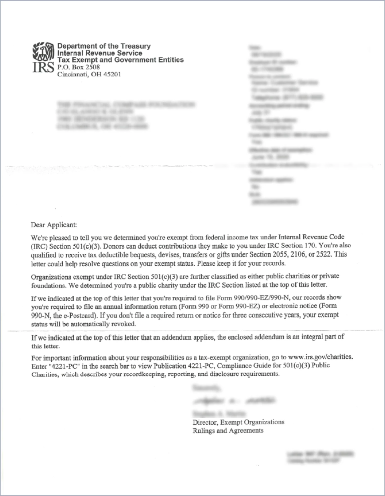 Sample: Evidence of current 501(c)(3)