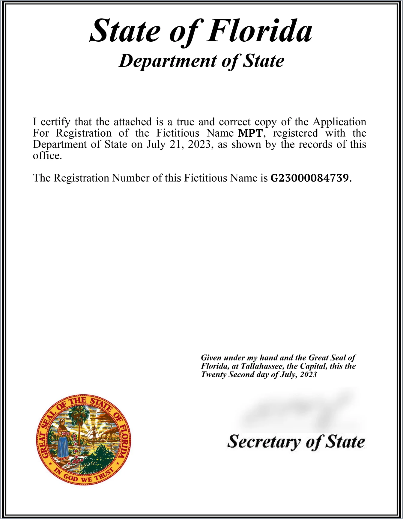 Sample: Fictitious Name Filing Certificate