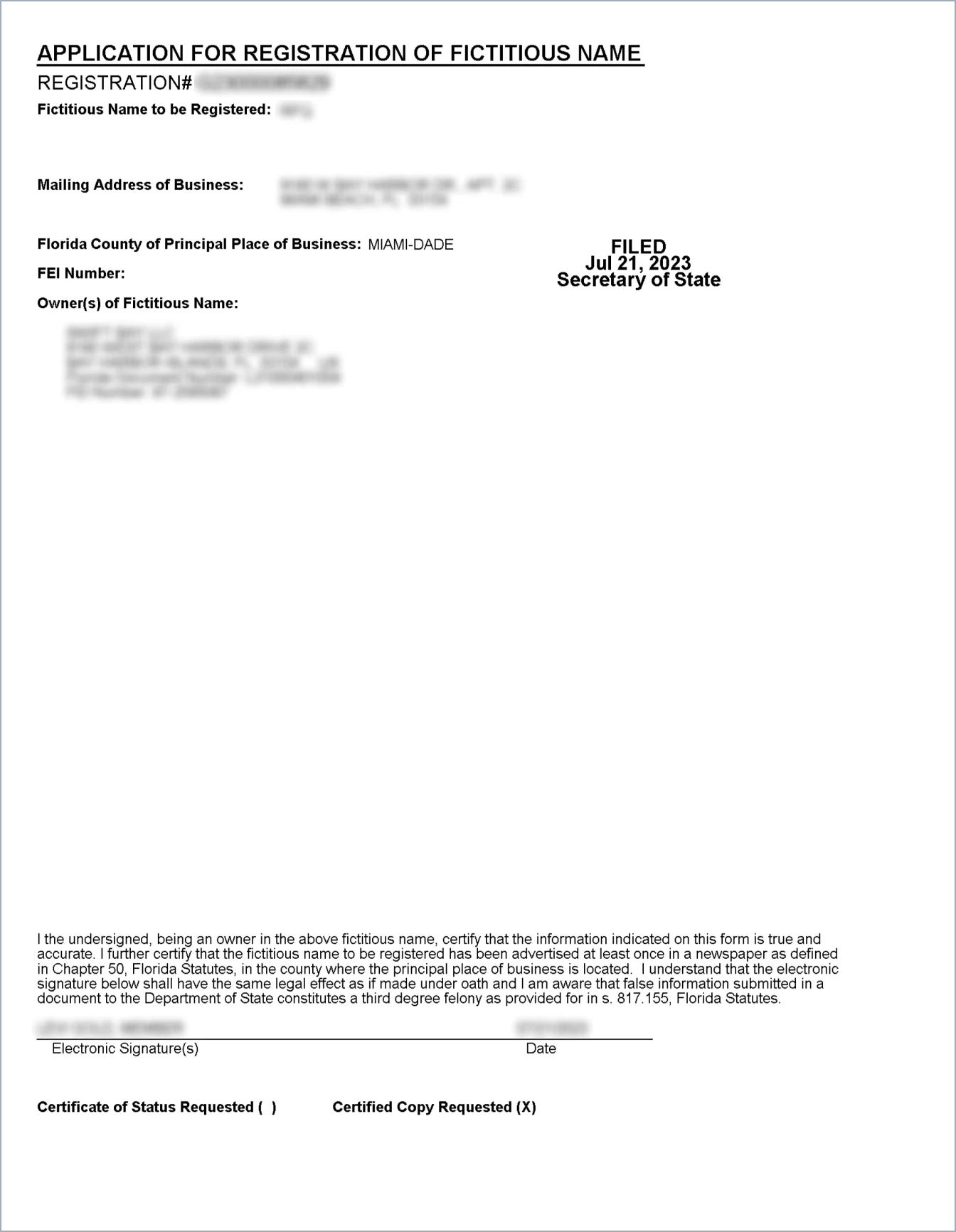 Sample: Registration of Fictitious Name