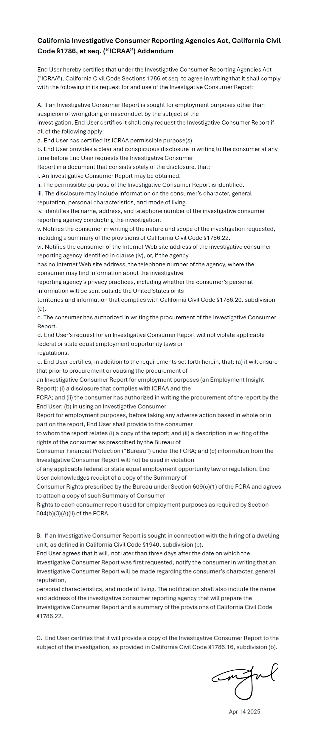 Sample: ICRAA Addendum