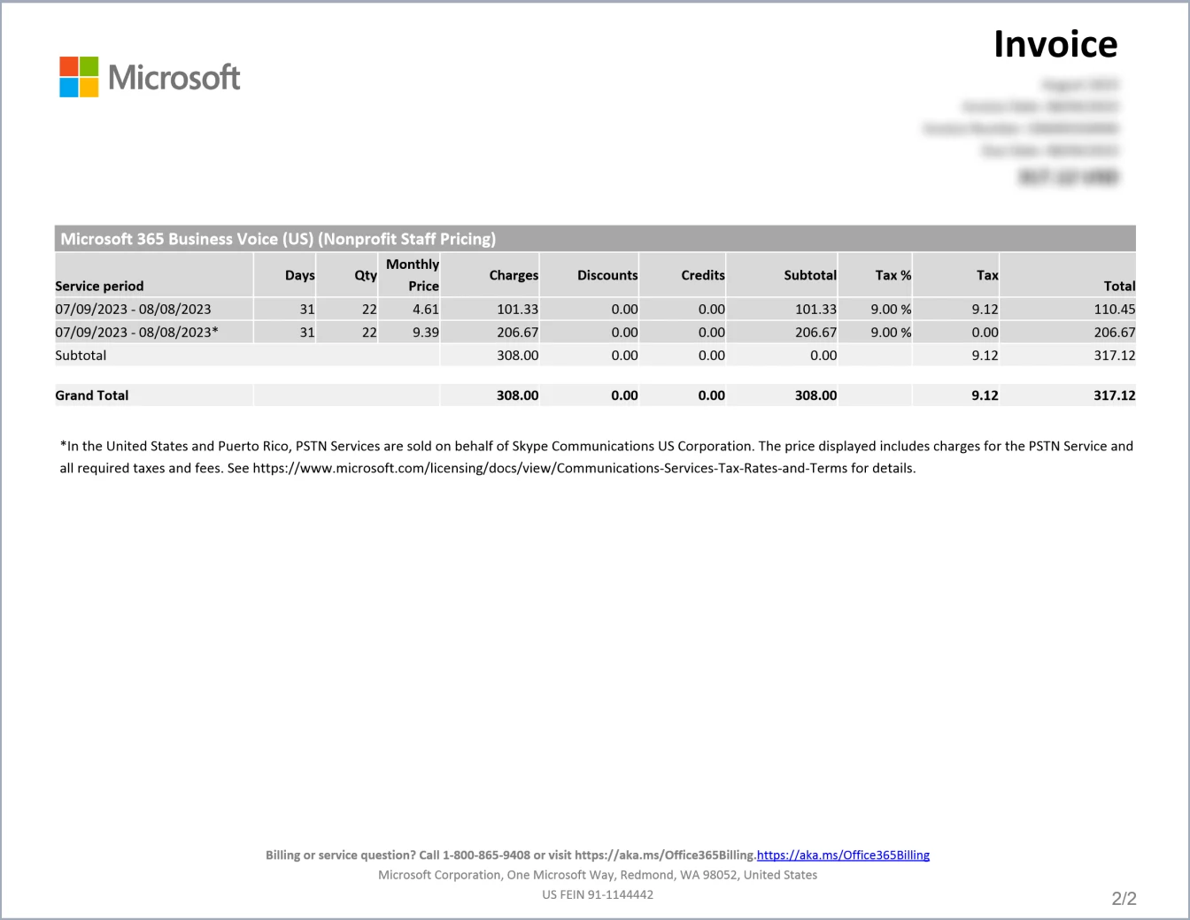 Sample: Microsoft 365 Business Voice Invoice