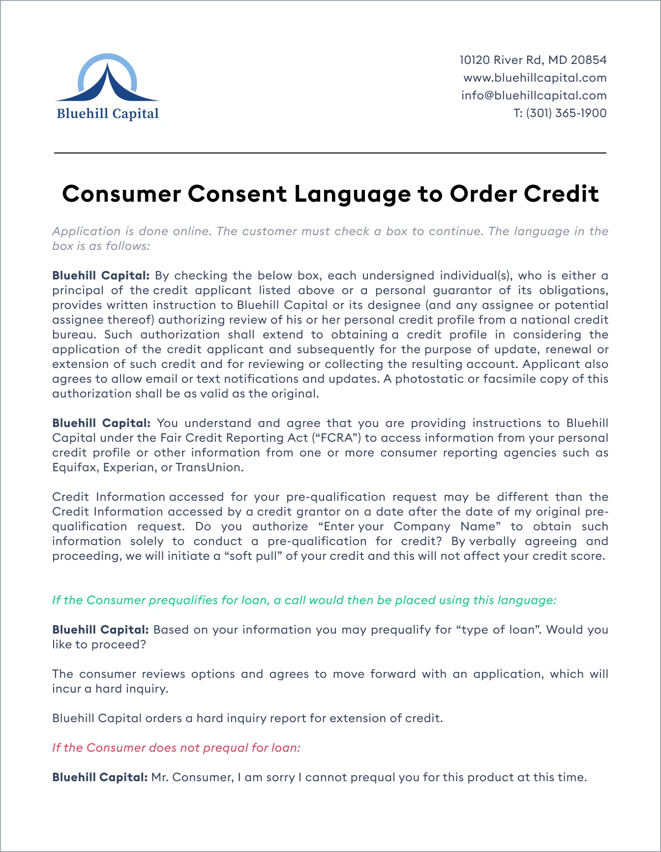 Sample: Consumer Consent Language to Order Credit