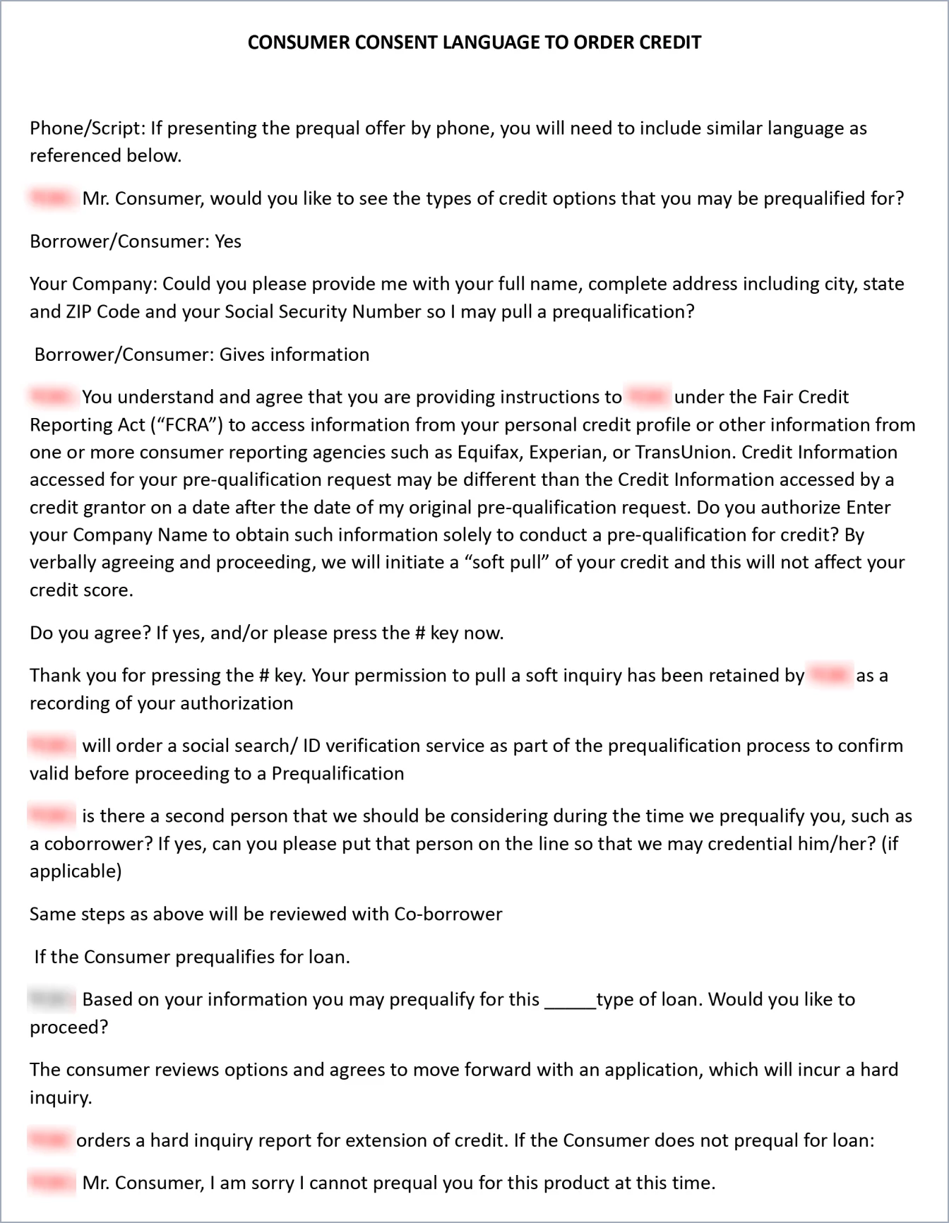 Sample: Consumer Consent Language to Order Credit (phone script)