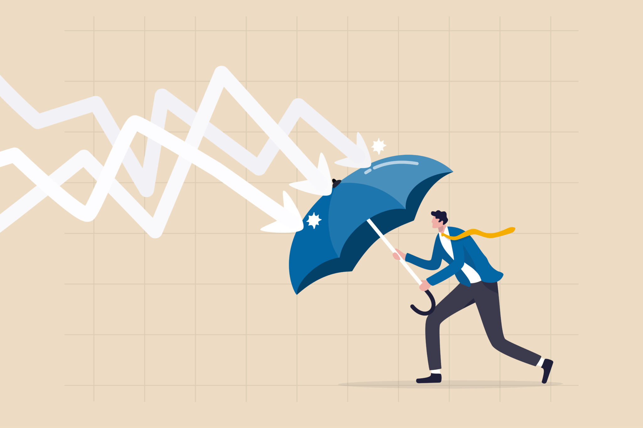 Protection or defense in economy crisis, business resilient to survive economic challenges, businessman holding umbrella to cover and protect from downturn arrow.